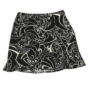 Briggs Petite Black Cream Floral Swirl Ruffle Hem A-Line Skirt 8P Artsy Abstract